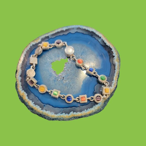 Retro Boho Multicolor Cats Eye Gemstone Bracelet w Silver Setting - Picture 3 of 8